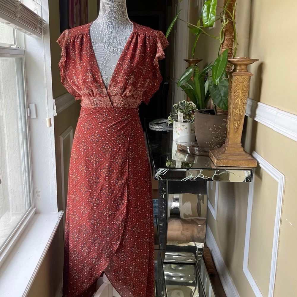 MISA Los Angeles Maroon floral midi wrap dress